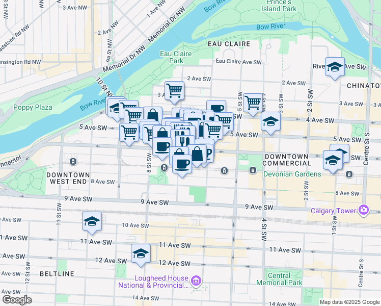 map of restaurants, bars, coffee shops, grocery stores, and more near 727 6 Avenue Southwest in Calgary