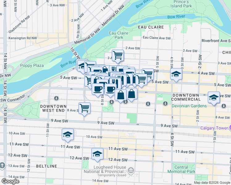 map of restaurants, bars, coffee shops, grocery stores, and more near 801 6 Avenue Southwest in Calgary