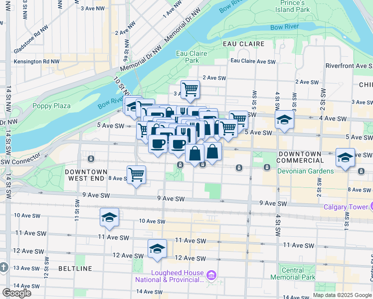 map of restaurants, bars, coffee shops, grocery stores, and more near 800 6 Avenue Southwest in Calgary