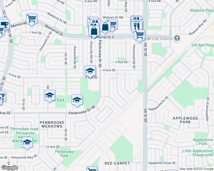 map of restaurants, bars, coffee shops, grocery stores, and more near 231 Penbrooke Way Southeast in Calgary
