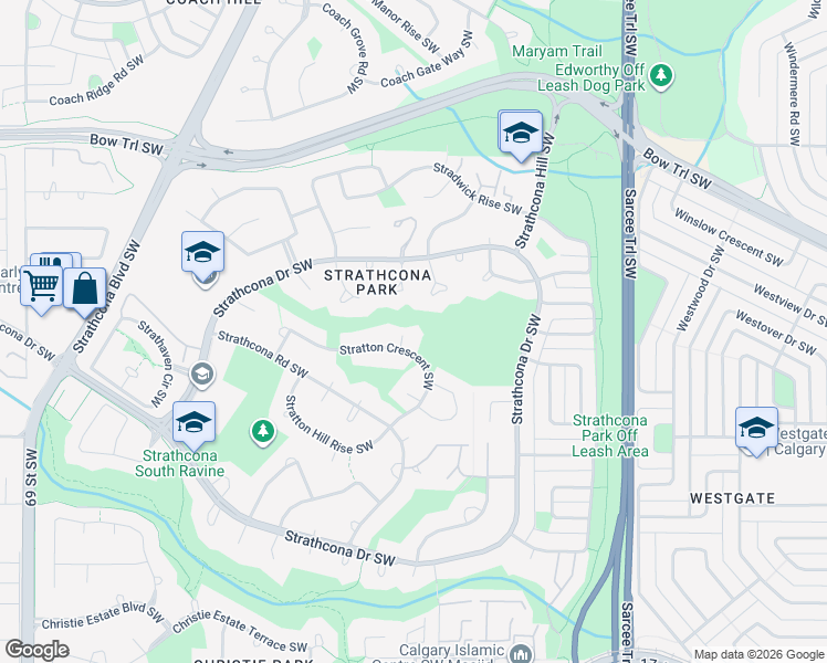 map of restaurants, bars, coffee shops, grocery stores, and more near 16 Stratton Place Southwest in Calgary