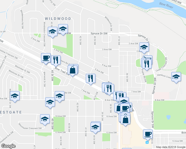 map of restaurants, bars, coffee shops, grocery stores, and more near 26 Windermere Road Southwest in Calgary