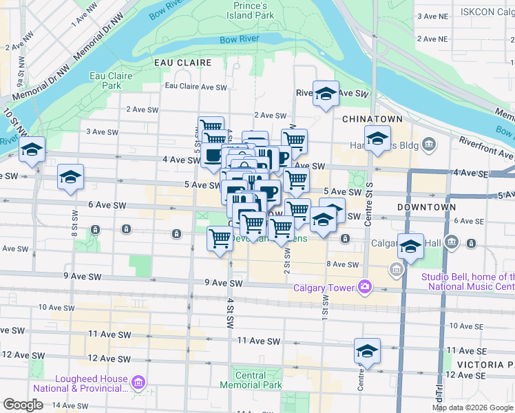 map of restaurants, bars, coffee shops, grocery stores, and more near 332 6 Avenue Southwest in Calgary