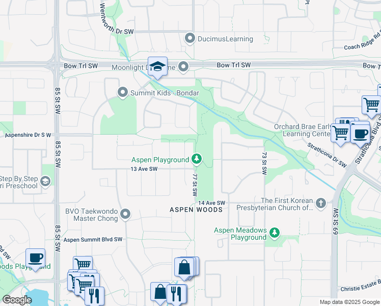map of restaurants, bars, coffee shops, grocery stores, and more near 26 Aspen Summit Green Southwest in Calgary