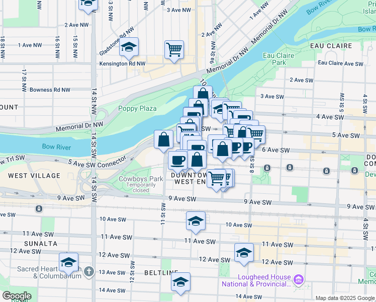 map of restaurants, bars, coffee shops, grocery stores, and more near 1111 6 Avenue Southwest in Calgary