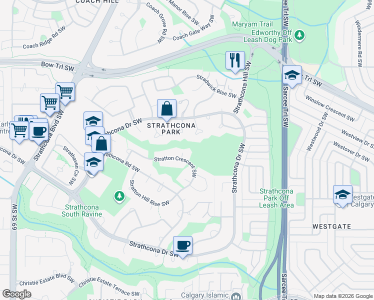 map of restaurants, bars, coffee shops, grocery stores, and more near 16 Stratton Place Southwest in Calgary