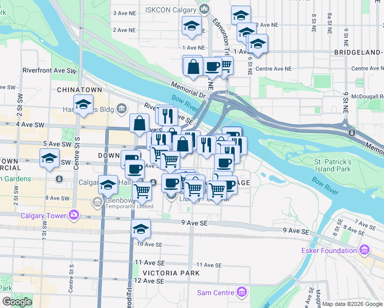 map of restaurants, bars, coffee shops, grocery stores, and more near 505 4 Street Southeast in Calgary
