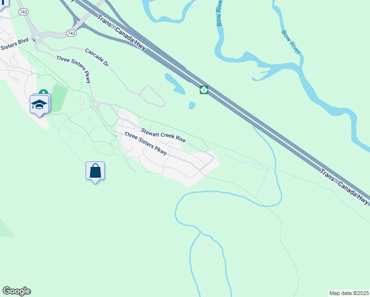 map of restaurants, bars, coffee shops, grocery stores, and more near 1344 Three Sisters Parkway in Canmore