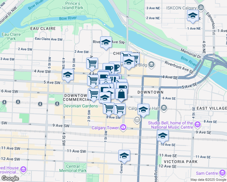 map of restaurants, bars, coffee shops, grocery stores, and more near 150 6 Avenue Southwest in Calgary