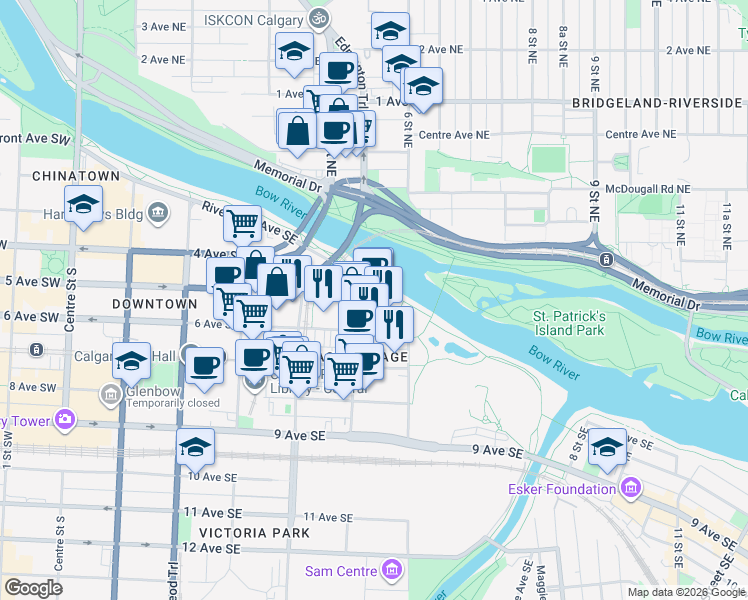 map of restaurants, bars, coffee shops, grocery stores, and more near 618 Confluence Way Southeast in Calgary