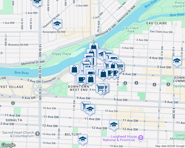 map of restaurants, bars, coffee shops, grocery stores, and more near 650 10 Street Southwest in Calgary