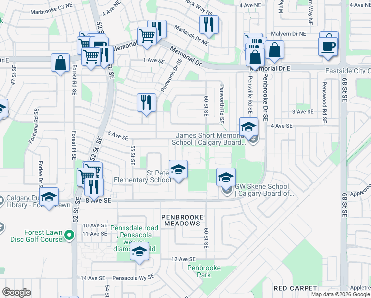 map of restaurants, bars, coffee shops, grocery stores, and more near 83 Penworth Close Southeast in Calgary