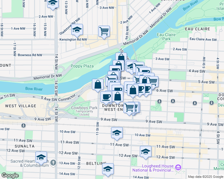 map of restaurants, bars, coffee shops, grocery stores, and more near in Calgary