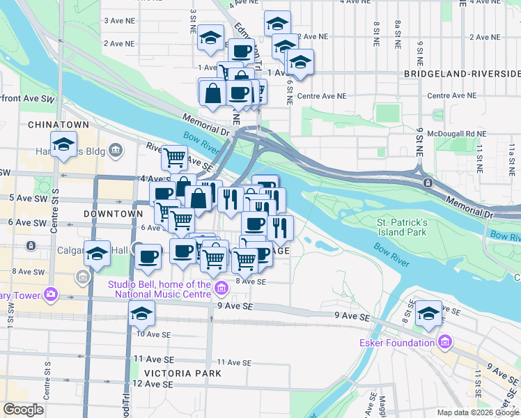 map of restaurants, bars, coffee shops, grocery stores, and more near in Calgary