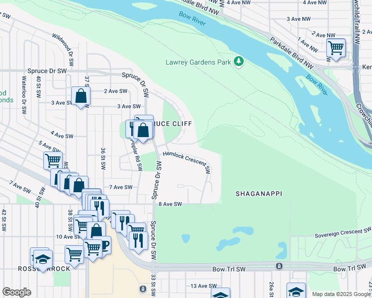 map of restaurants, bars, coffee shops, grocery stores, and more near 4 Hemlock Crescent Southwest in Calgary