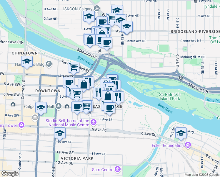map of restaurants, bars, coffee shops, grocery stores, and more near in Calgary