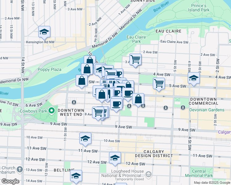 map of restaurants, bars, coffee shops, grocery stores, and more near 910 7 Avenue Southwest in Calgary
