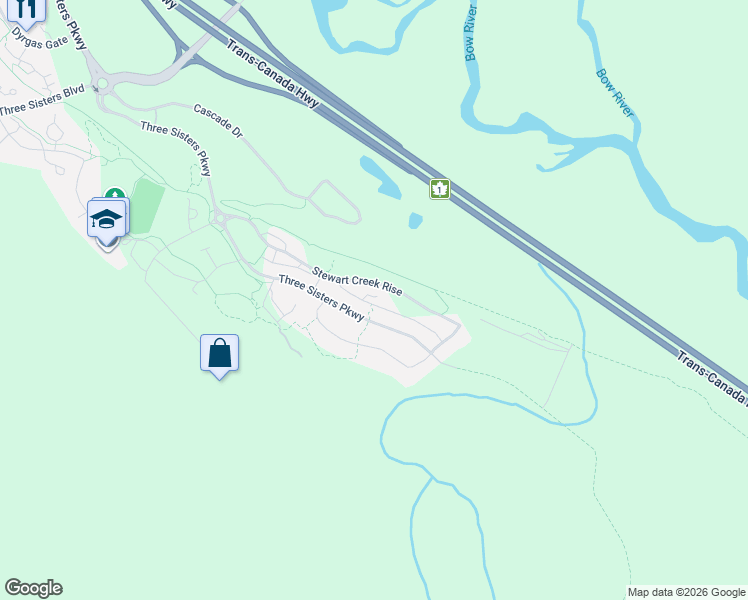 map of restaurants, bars, coffee shops, grocery stores, and more near 1344 Three Sisters Parkway in Canmore