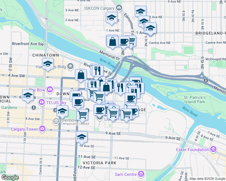 map of restaurants, bars, coffee shops, grocery stores, and more near 514 6 Avenue Southeast in Calgary