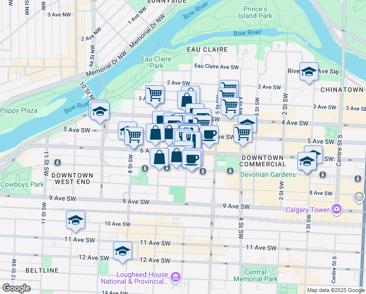 map of restaurants, bars, coffee shops, grocery stores, and more near in Calgary