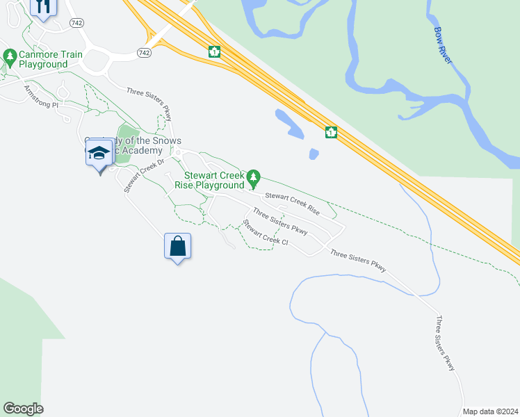 map of restaurants, bars, coffee shops, grocery stores, and more near 1200 Three Sisters Parkway in Canmore