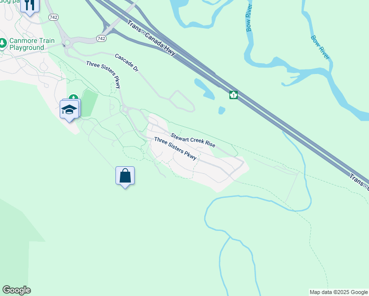 map of restaurants, bars, coffee shops, grocery stores, and more near 1200 Three Sisters Parkway in Canmore