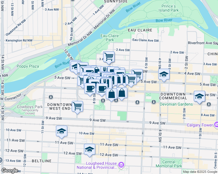 map of restaurants, bars, coffee shops, grocery stores, and more near 800 6 Avenue Southwest in Calgary