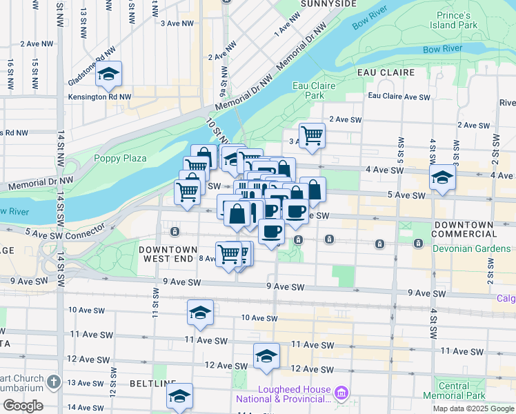 map of restaurants, bars, coffee shops, grocery stores, and more near 930 6 Avenue Southwest in Calgary