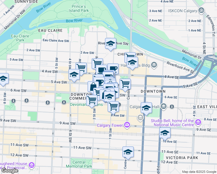 map of restaurants, bars, coffee shops, grocery stores, and more near in Calgary