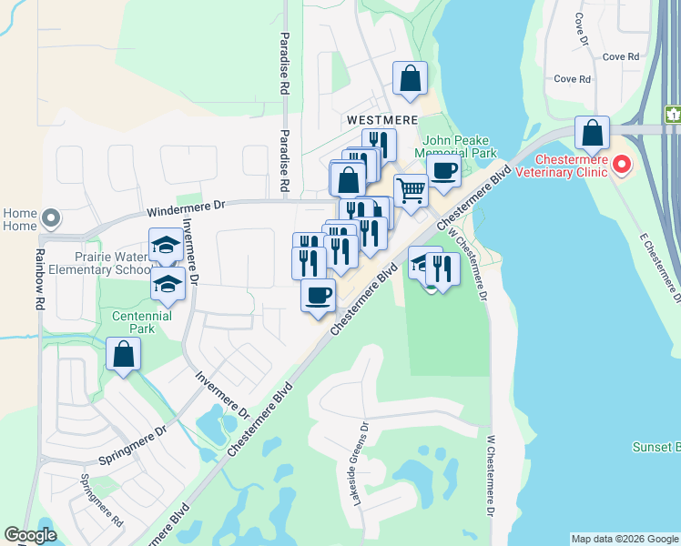 map of restaurants, bars, coffee shops, grocery stores, and more near 196 Chestermere Station Way in Chestermere