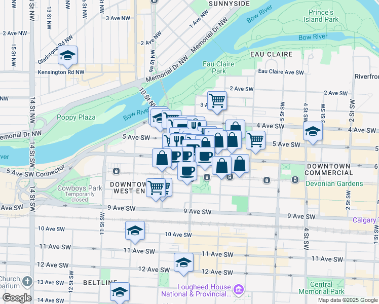 map of restaurants, bars, coffee shops, grocery stores, and more near 900 6 Avenue Southwest in Calgary