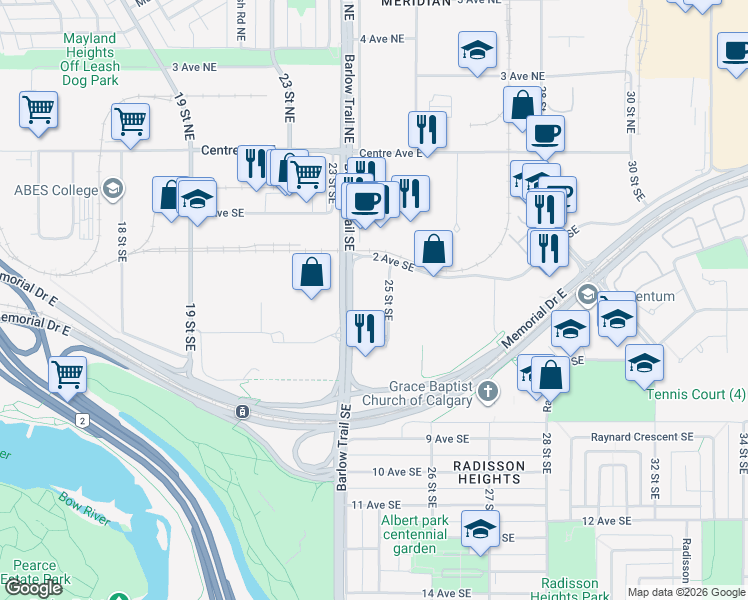 map of restaurants, bars, coffee shops, grocery stores, and more near 335 25 Street Southeast in Calgary