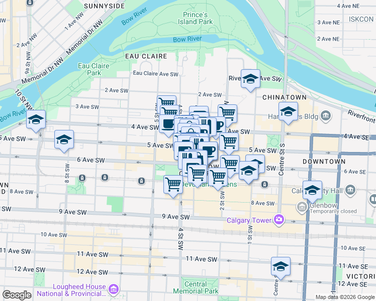 map of restaurants, bars, coffee shops, grocery stores, and more near 123 5 Avenue Southwest in Calgary