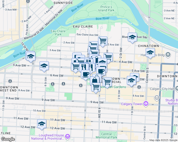 map of restaurants, bars, coffee shops, grocery stores, and more near 510 5 Street Southwest in Calgary
