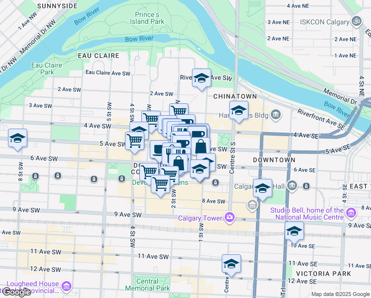 map of restaurants, bars, coffee shops, grocery stores, and more near in Calgary
