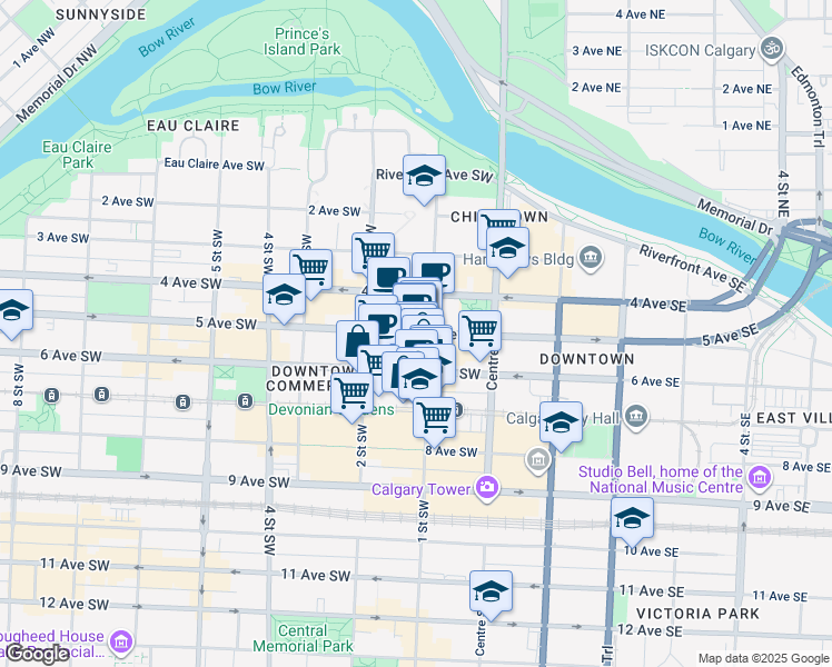 map of restaurants, bars, coffee shops, grocery stores, and more near in Calgary