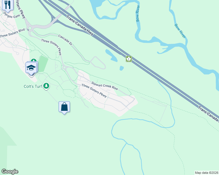 map of restaurants, bars, coffee shops, grocery stores, and more near 1344 Three Sisters Parkway in Canmore
