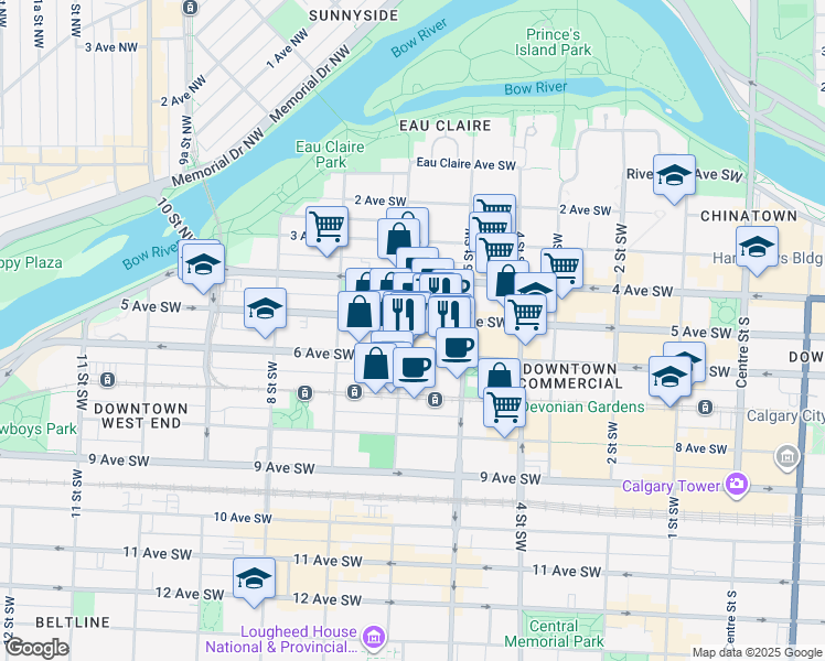 map of restaurants, bars, coffee shops, grocery stores, and more near in Calgary