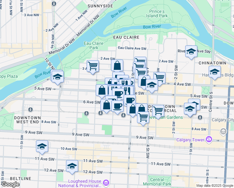 map of restaurants, bars, coffee shops, grocery stores, and more near in Calgary