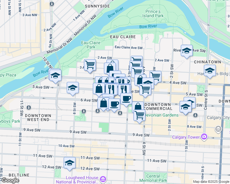 map of restaurants, bars, coffee shops, grocery stores, and more near 505 6 Street Southwest in Calgary