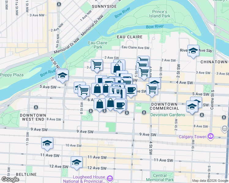 map of restaurants, bars, coffee shops, grocery stores, and more near 505 6 Street Southwest in Calgary