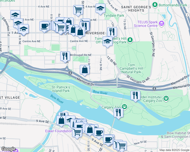 map of restaurants, bars, coffee shops, grocery stores, and more near 1171 Bow Valley Lane Northeast in Calgary