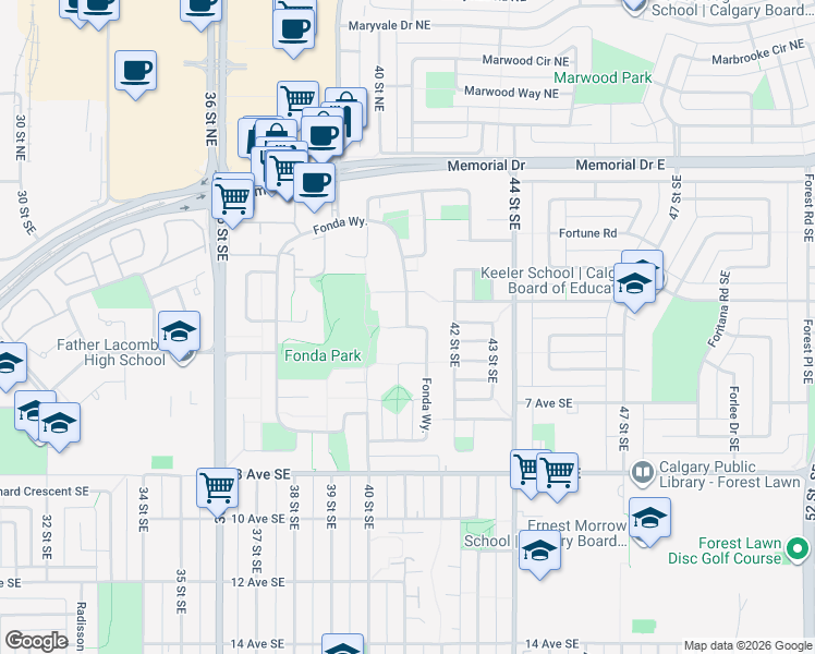 map of restaurants, bars, coffee shops, grocery stores, and more near Fonda Way Southeast in Calgary