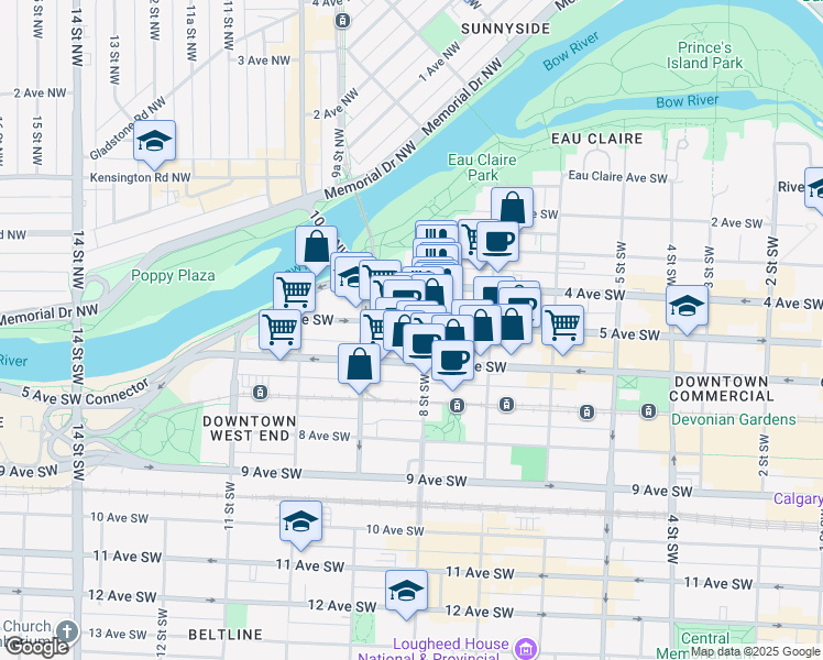 map of restaurants, bars, coffee shops, grocery stores, and more near 903 4 Avenue Southwest in Calgary