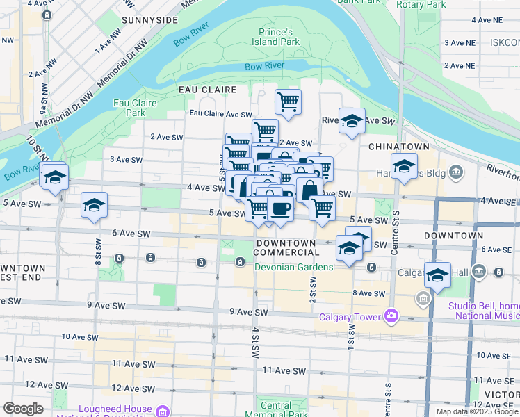 map of restaurants, bars, coffee shops, grocery stores, and more near 400 4 Avenue Southwest in Calgary
