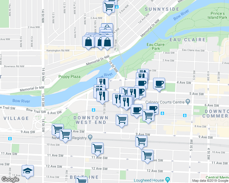 map of restaurants, bars, coffee shops, grocery stores, and more near 1522 4 Avenue Southwest in Calgary