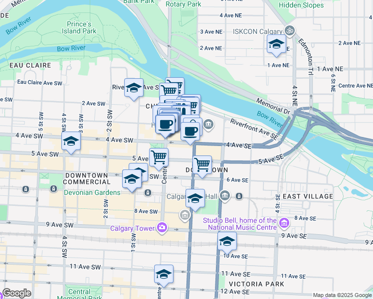 map of restaurants, bars, coffee shops, grocery stores, and more near 115 3 Avenue Southeast in Calgary
