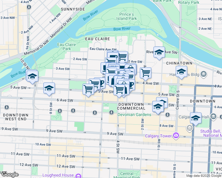 map of restaurants, bars, coffee shops, grocery stores, and more near 505 4 Avenue Southwest in Calgary