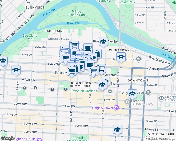 map of restaurants, bars, coffee shops, grocery stores, and more near in Calgary