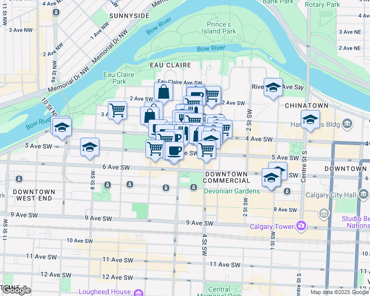 map of restaurants, bars, coffee shops, grocery stores, and more near 540 5 Avenue Southwest in Calgary